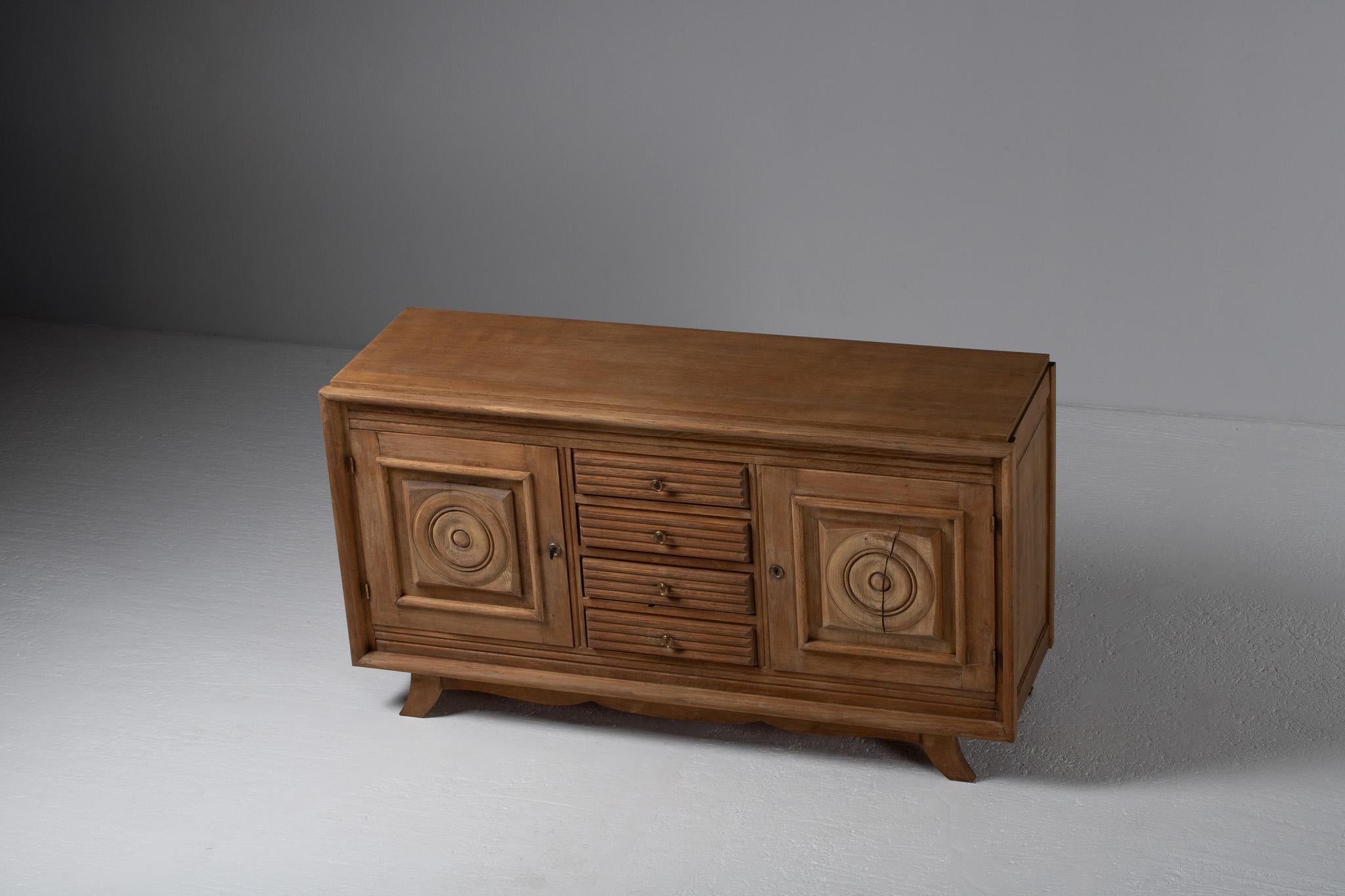 Carved Brutalist Sideboard Oak, France, 1950s For Sale