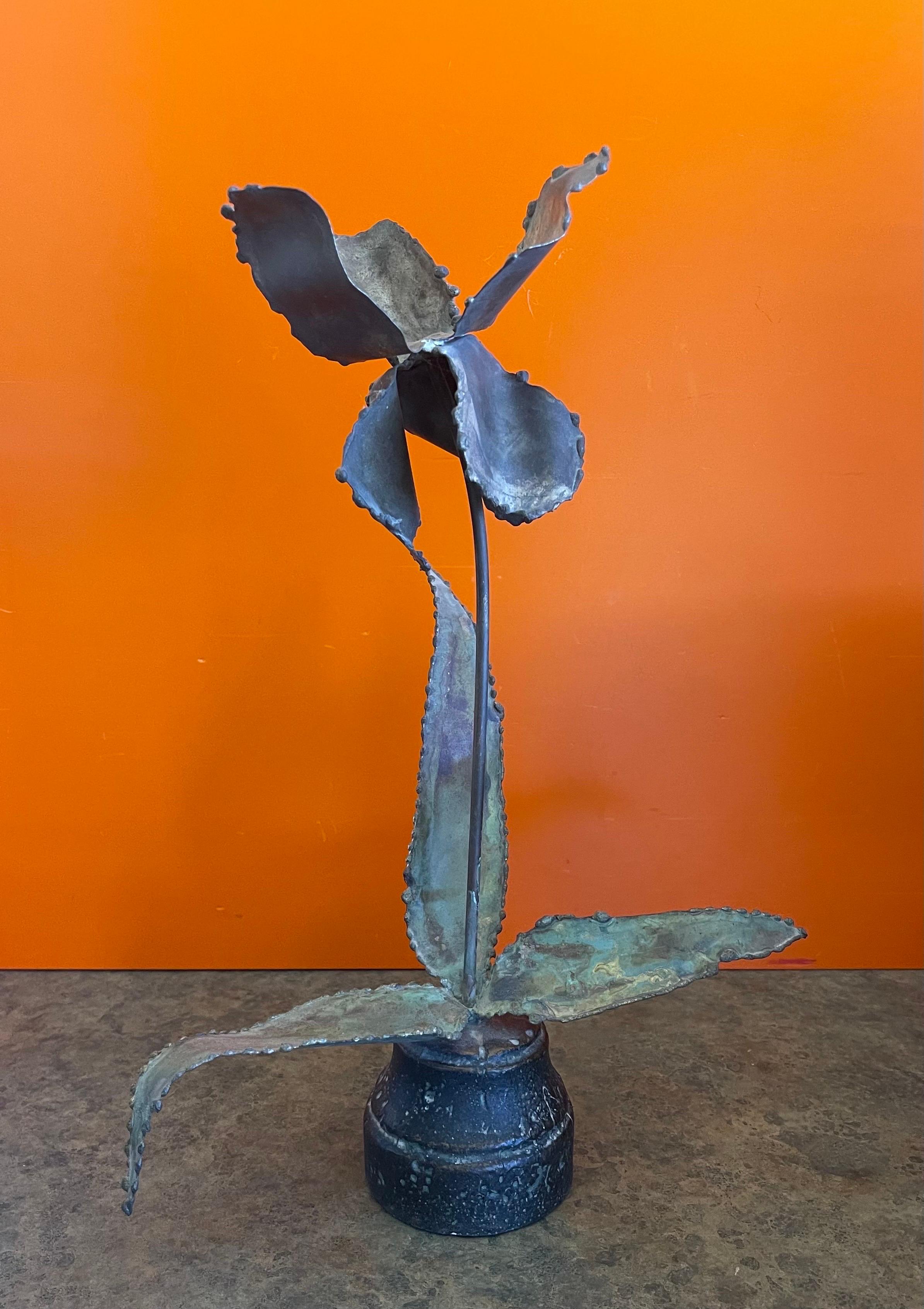 American Brutalist Signed Raw Metal Torch Cut Flower Sculpture  For Sale