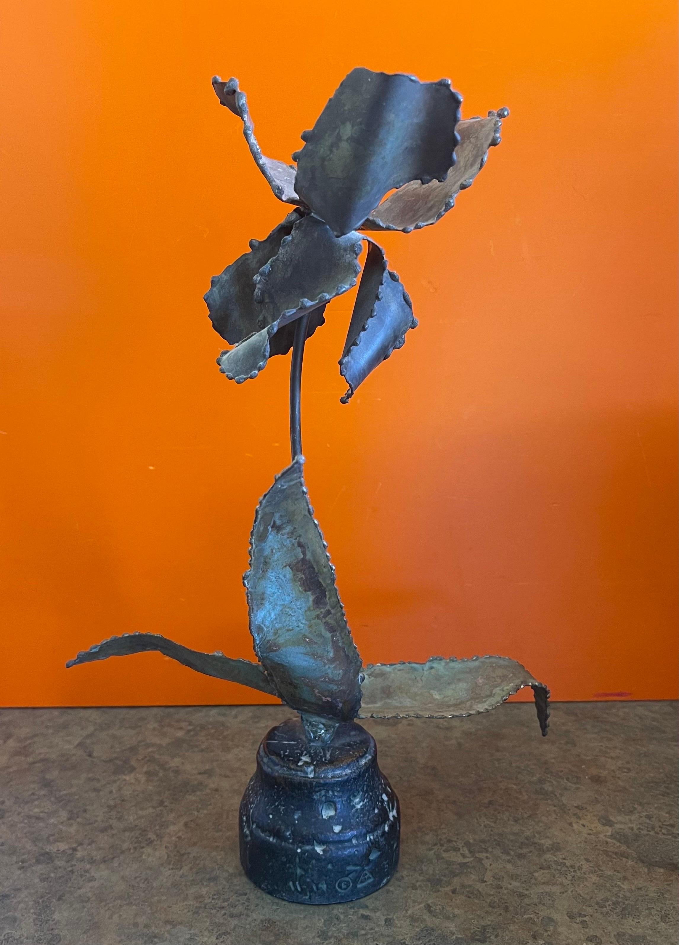 20th Century Brutalist Signed Raw Metal Torch Cut Flower Sculpture  For Sale