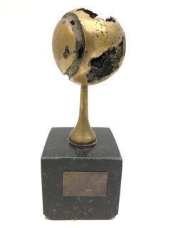 Brutalist Signed Tennis-Ball Bronze Sculpture on Marble Base, German, 1970s