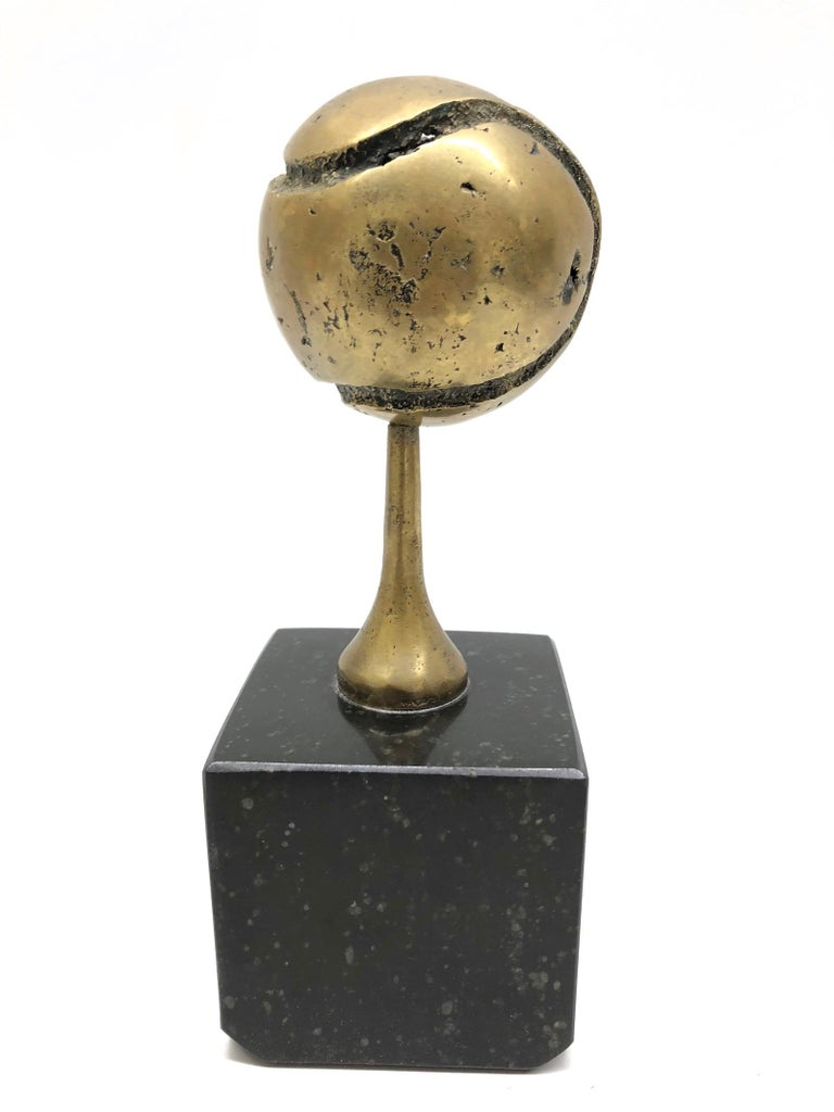Late 20th Century Brutalist Signed Tennis-Ball Bronze Sculpture on Marble Base, German, 1970s For Sale