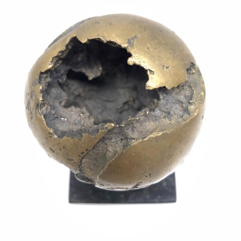 Brutalist Signed Tennis-Ball Bronze Sculpture on Marble Base, German, 1970s For Sale 3