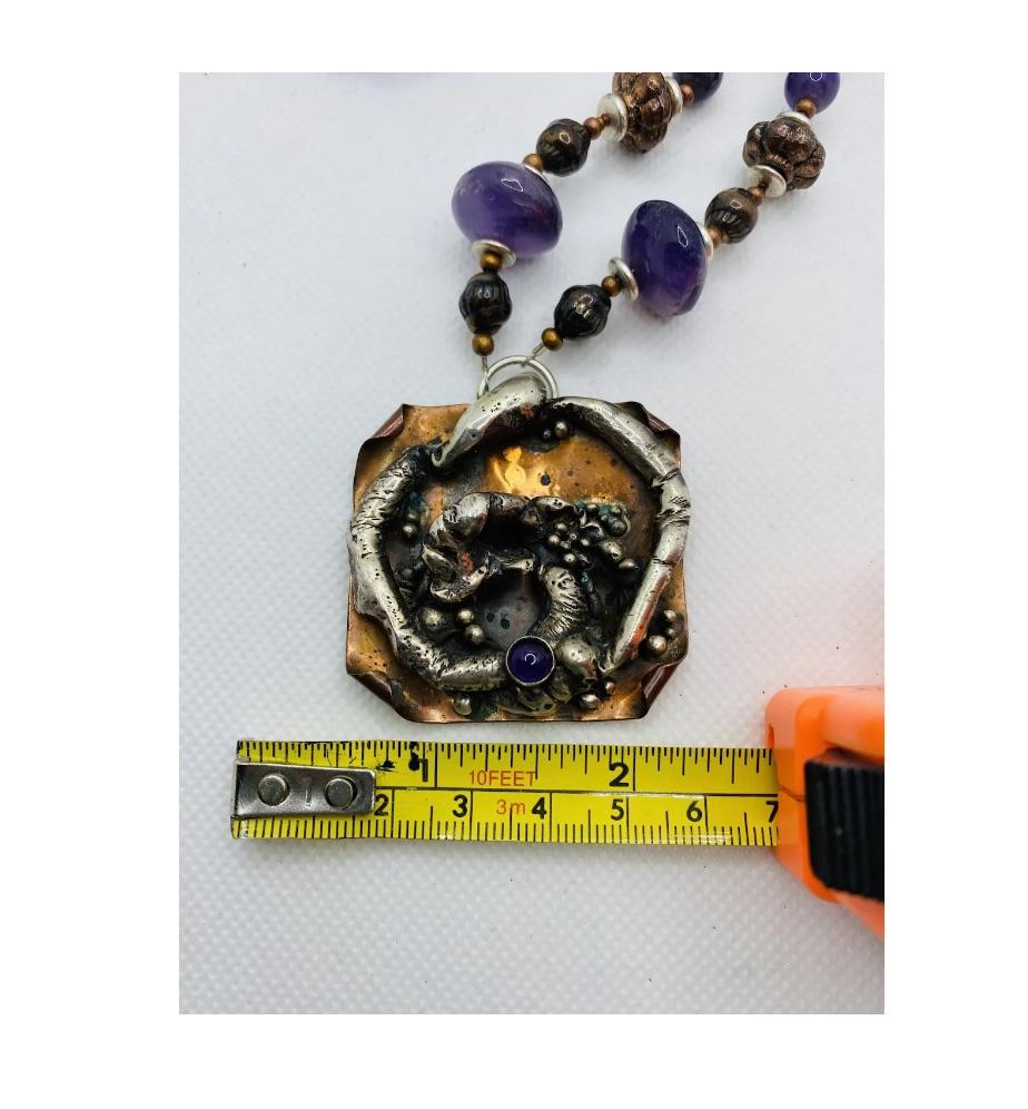 Brutalist Silver Copper Amethyst Necklace Signed SC For Sale 10