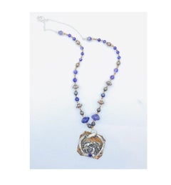 Brutalist Silver Copper Amethyst Necklace Signed SC