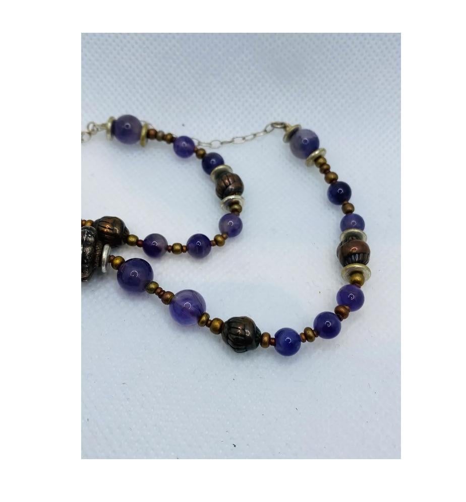 Brutalist Silver Copper Amethyst Necklace Signed SC In Good Condition For Sale In New York, NY