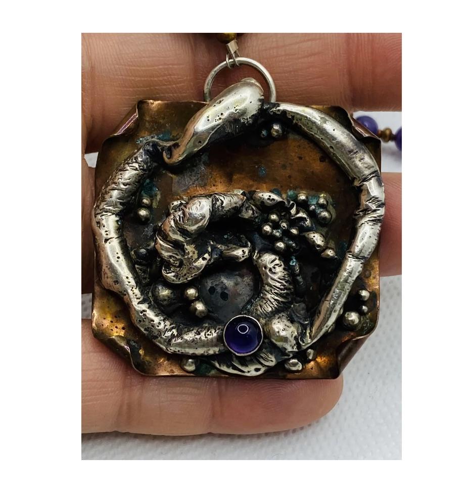 Brutalist Silver Copper Amethyst Necklace Signed SC For Sale 3