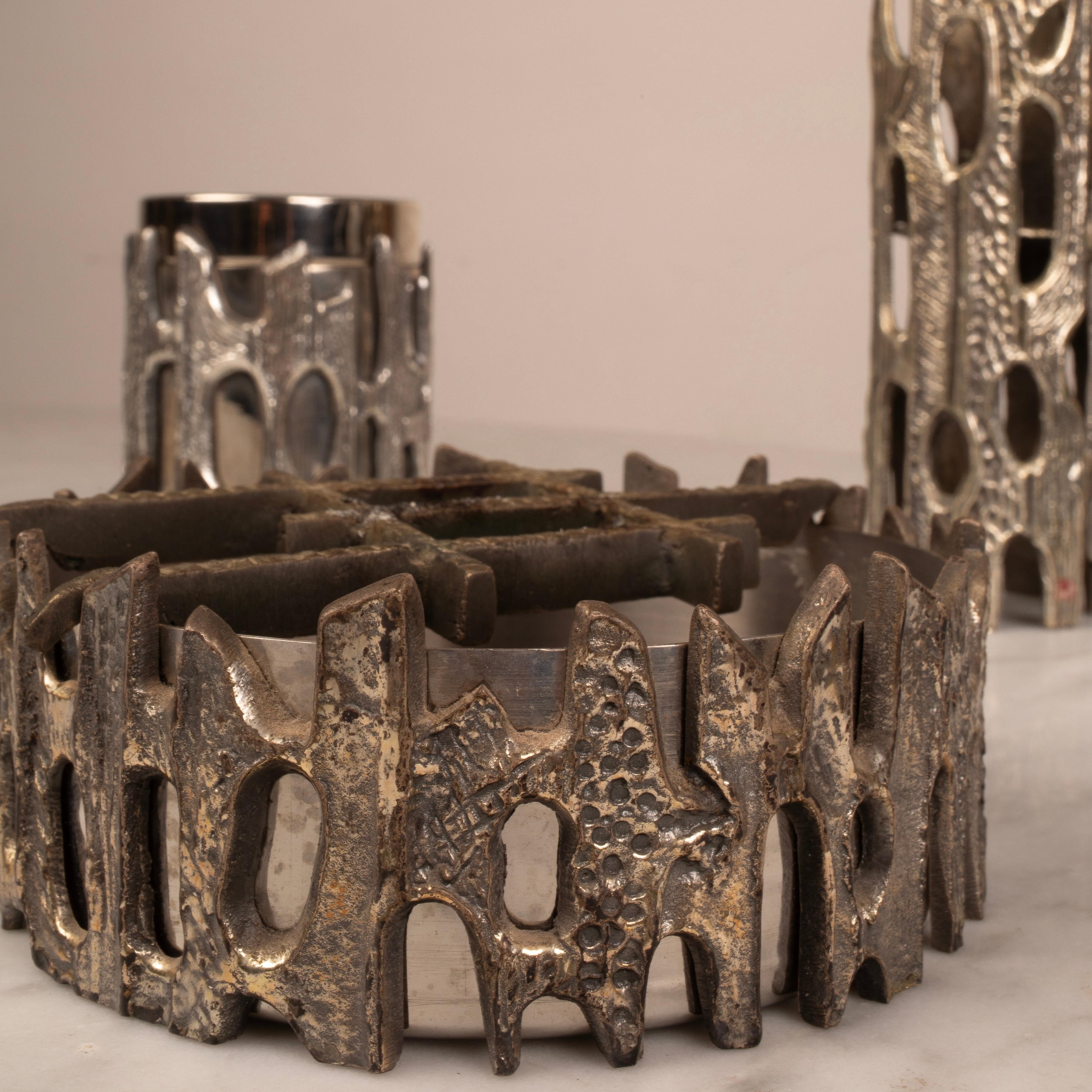 Brutalist Silvered Bronze Table Set by Morbelli, Italy, 1970s For Sale 5