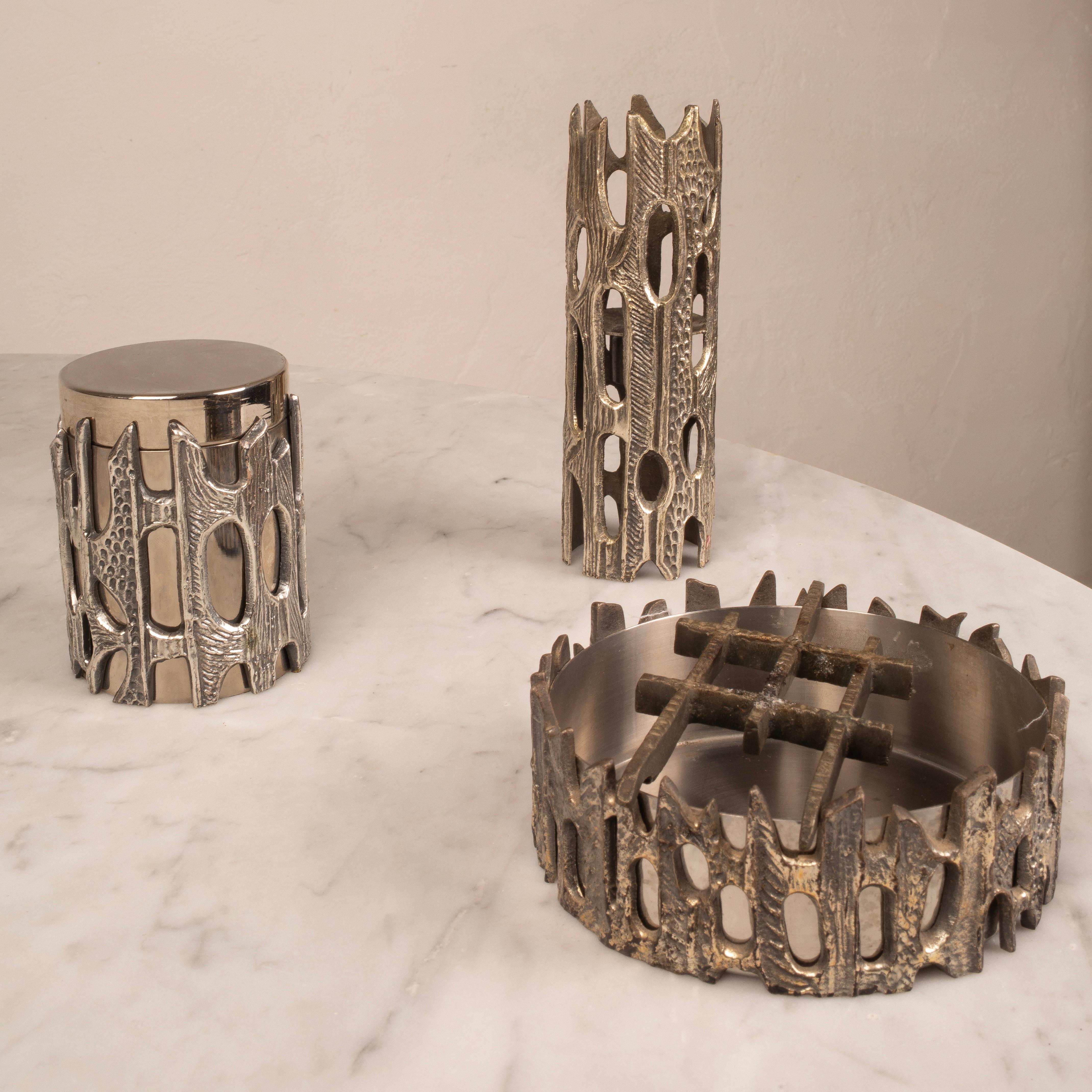 Brutalist Silvered Bronze Table Set by Morbelli, Italy, 1970s For Sale 6