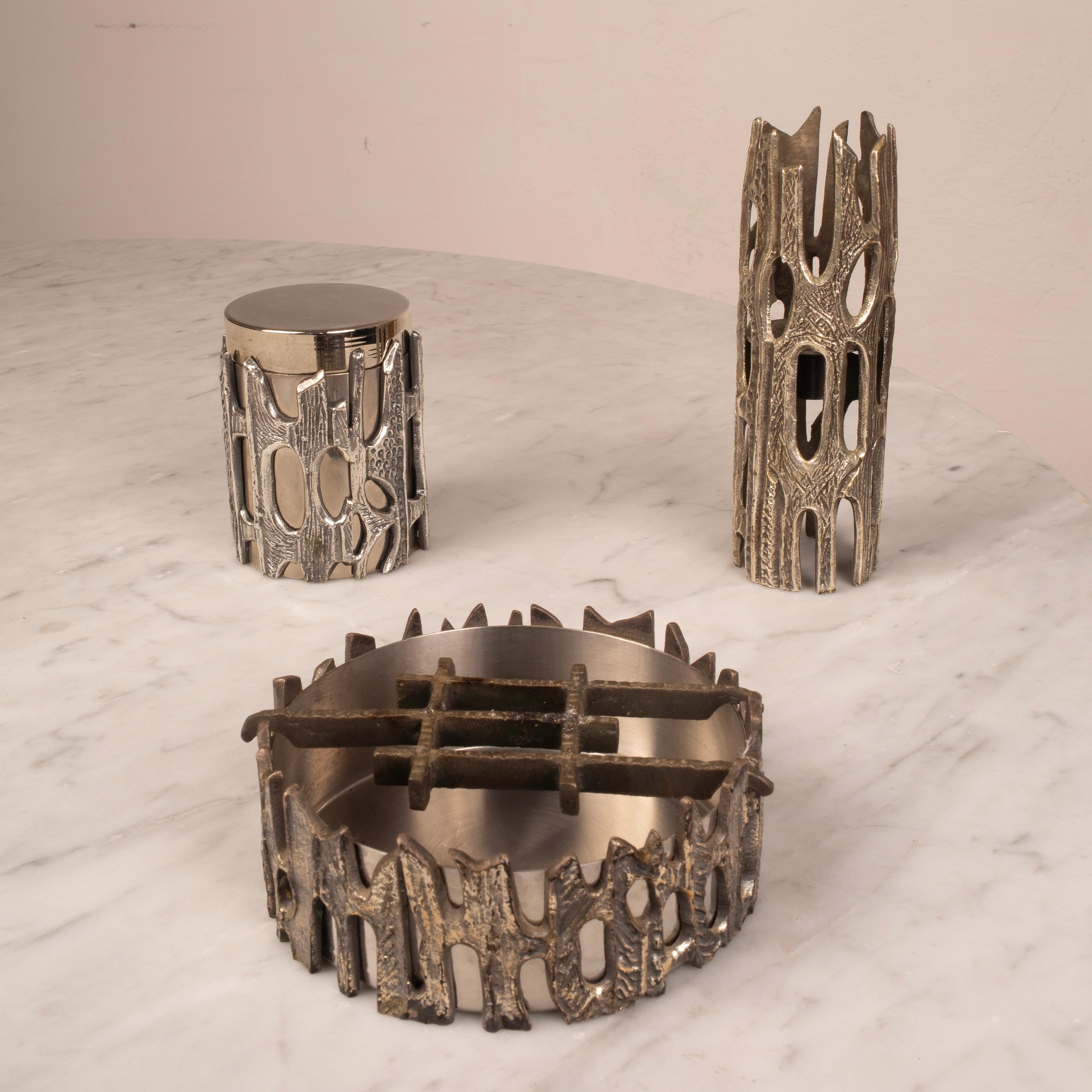 Italian Brutalist Silvered Bronze Table Set by Morbelli, Italy, 1970s For Sale