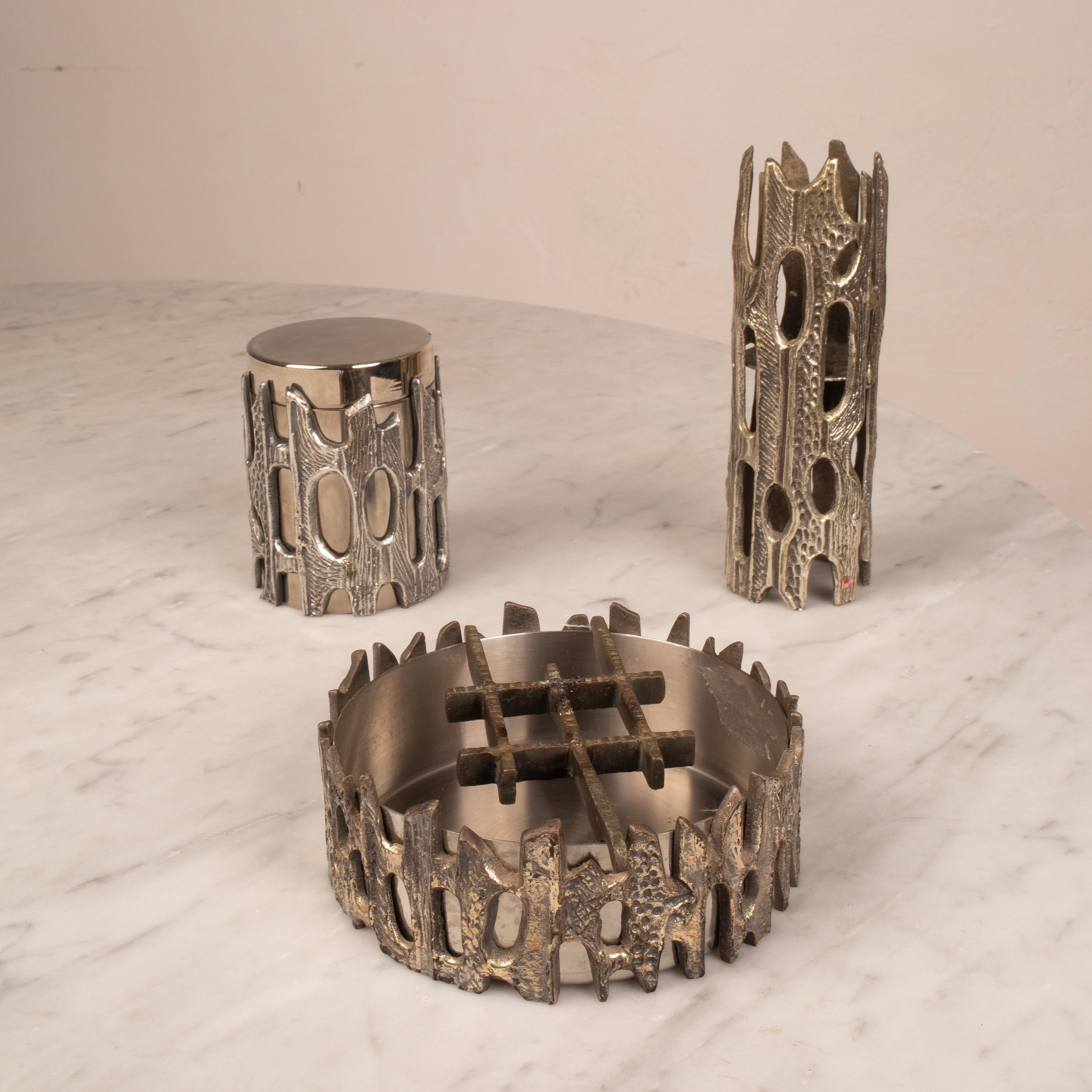 Brutalist Silvered Bronze Table Set by Morbelli, Italy, 1970s In Good Condition For Sale In Conversano, IT