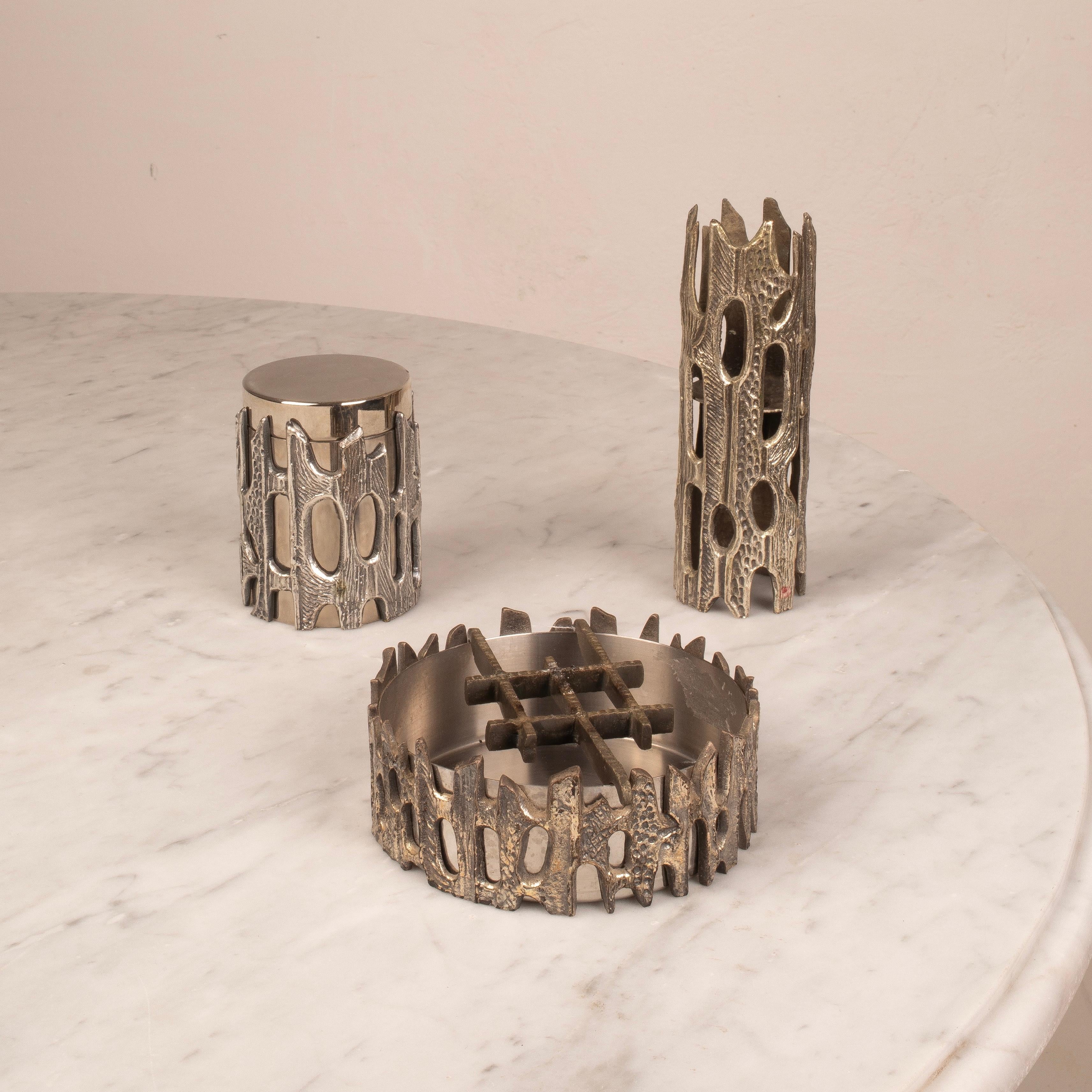 Late 20th Century Brutalist Silvered Bronze Table Set by Morbelli, Italy, 1970s For Sale