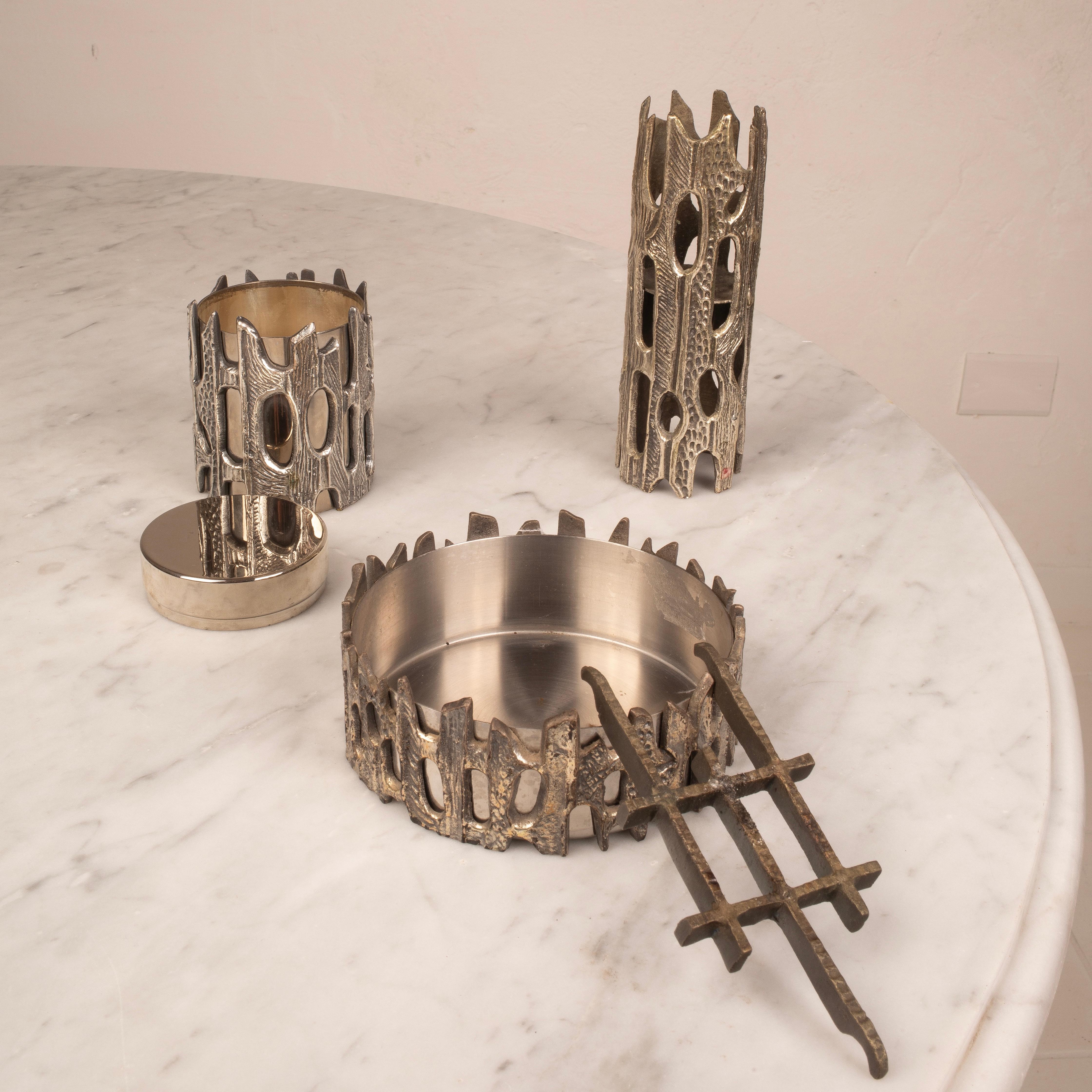 Brutalist Silvered Bronze Table Set by Morbelli, Italy, 1970s For Sale 1
