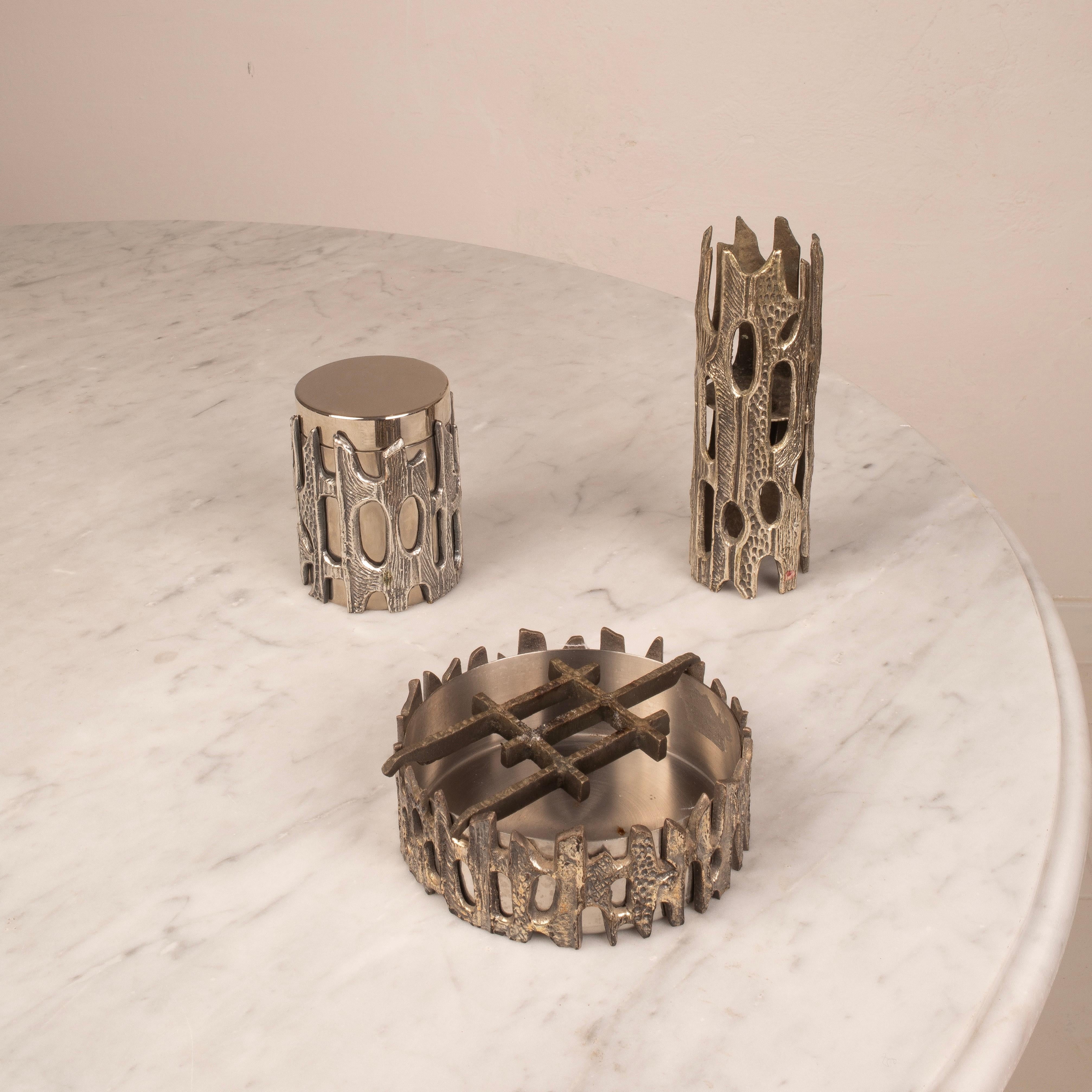 Brutalist Silvered Bronze Table Set by Morbelli, Italy, 1970s For Sale 2