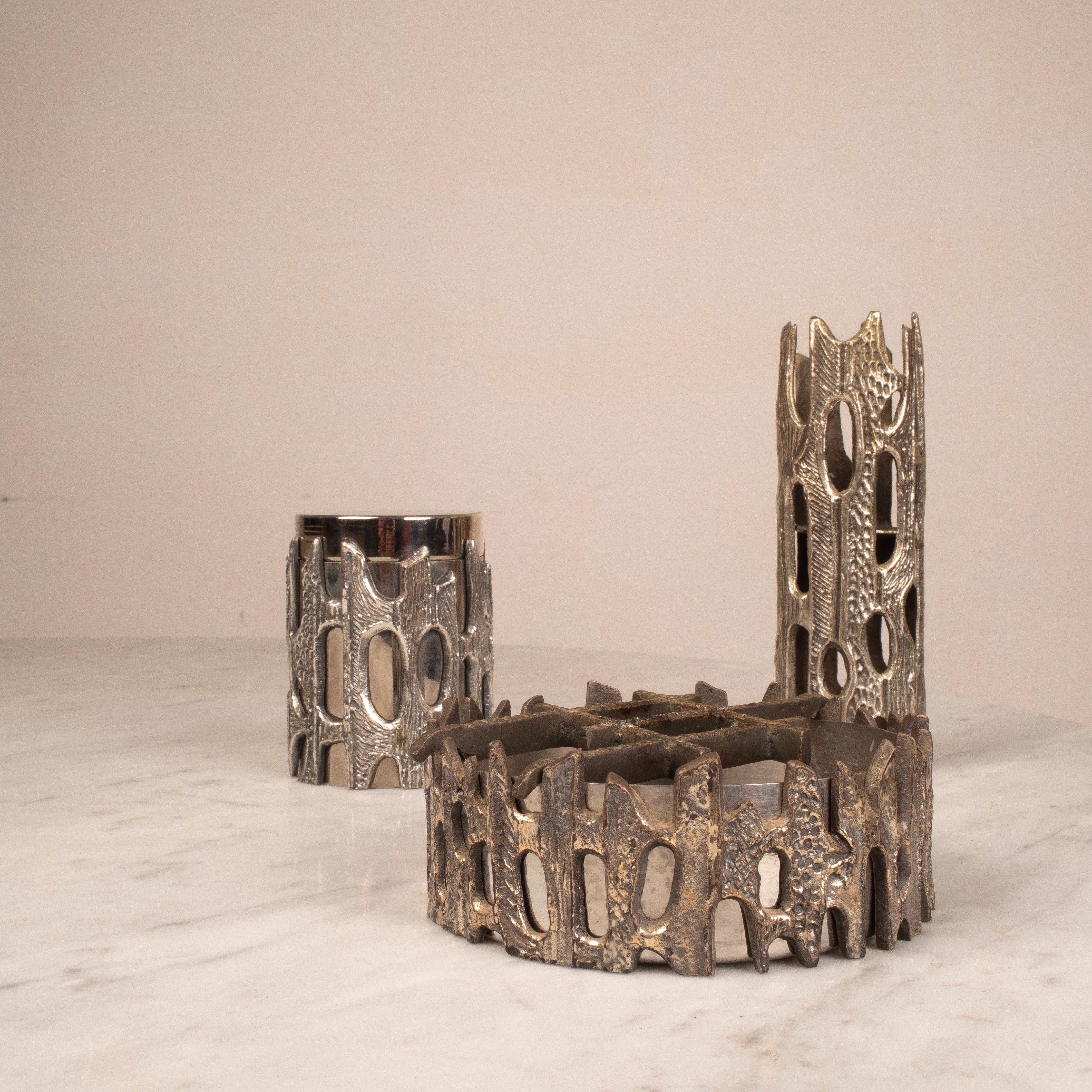 Brutalist Silvered Bronze Table Set by Morbelli, Italy, 1970s For Sale 3
