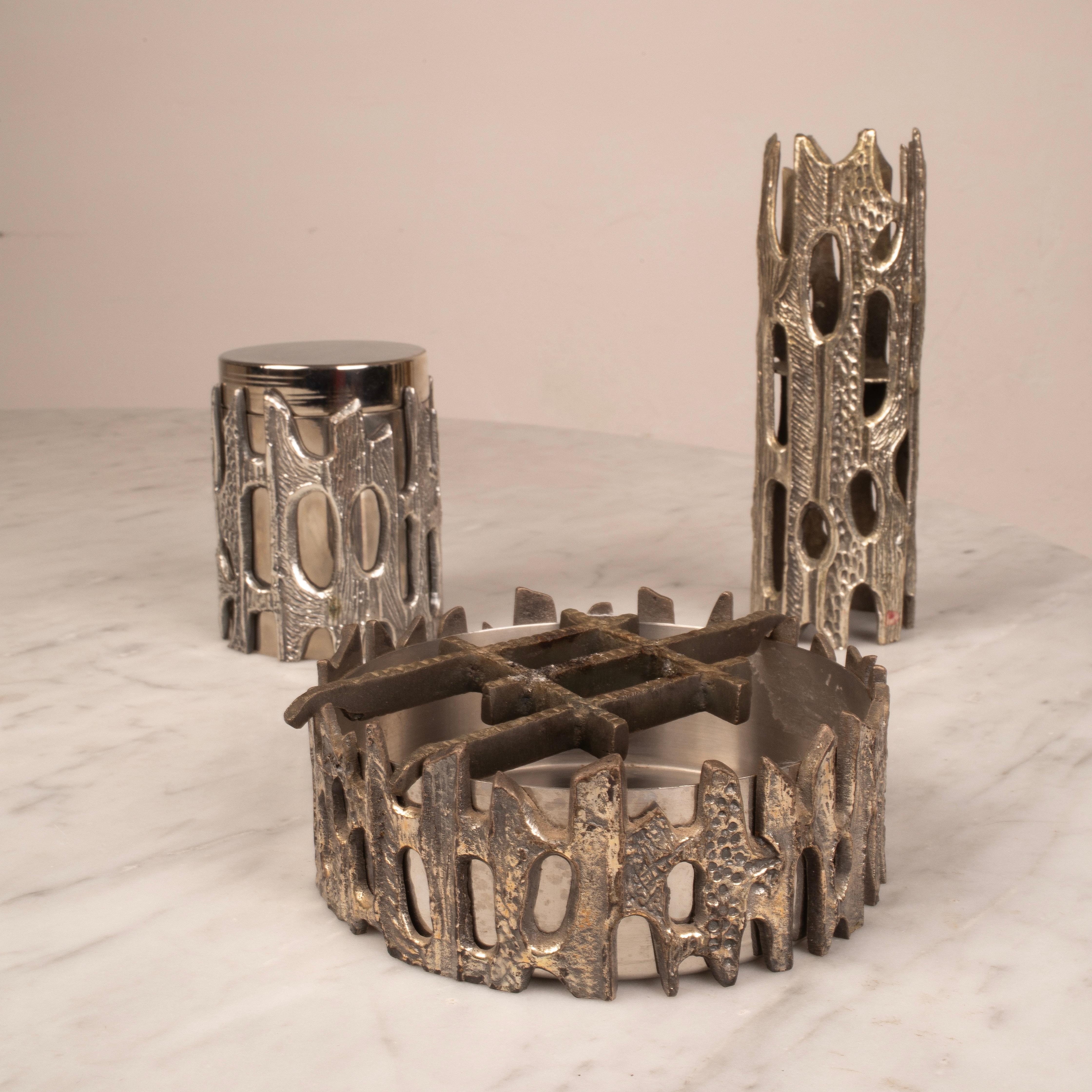 Brutalist Silvered Bronze Table Set by Morbelli, Italy, 1970s For Sale 4