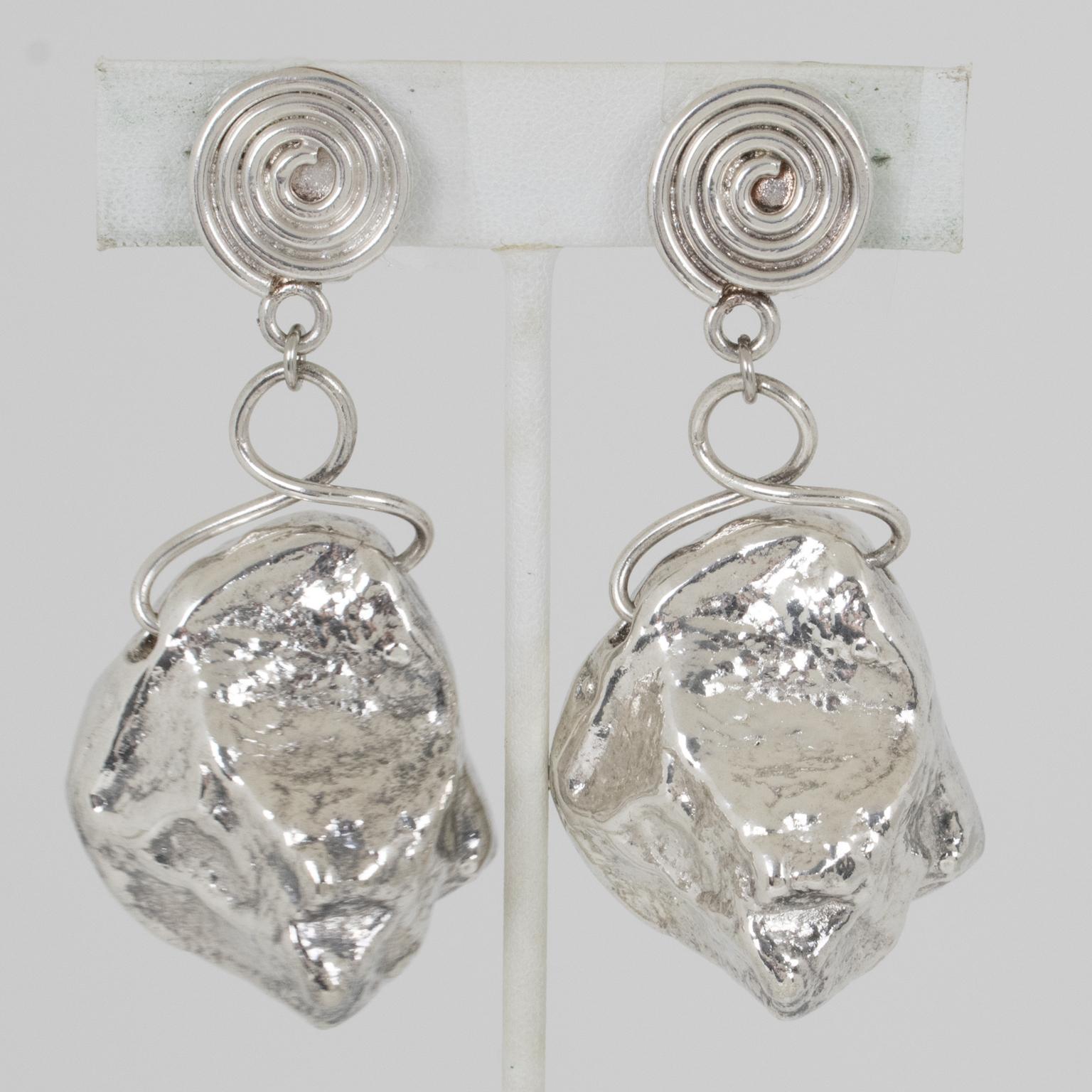 Brutalist Silvered Metal Dangle Earrings For Sale 1