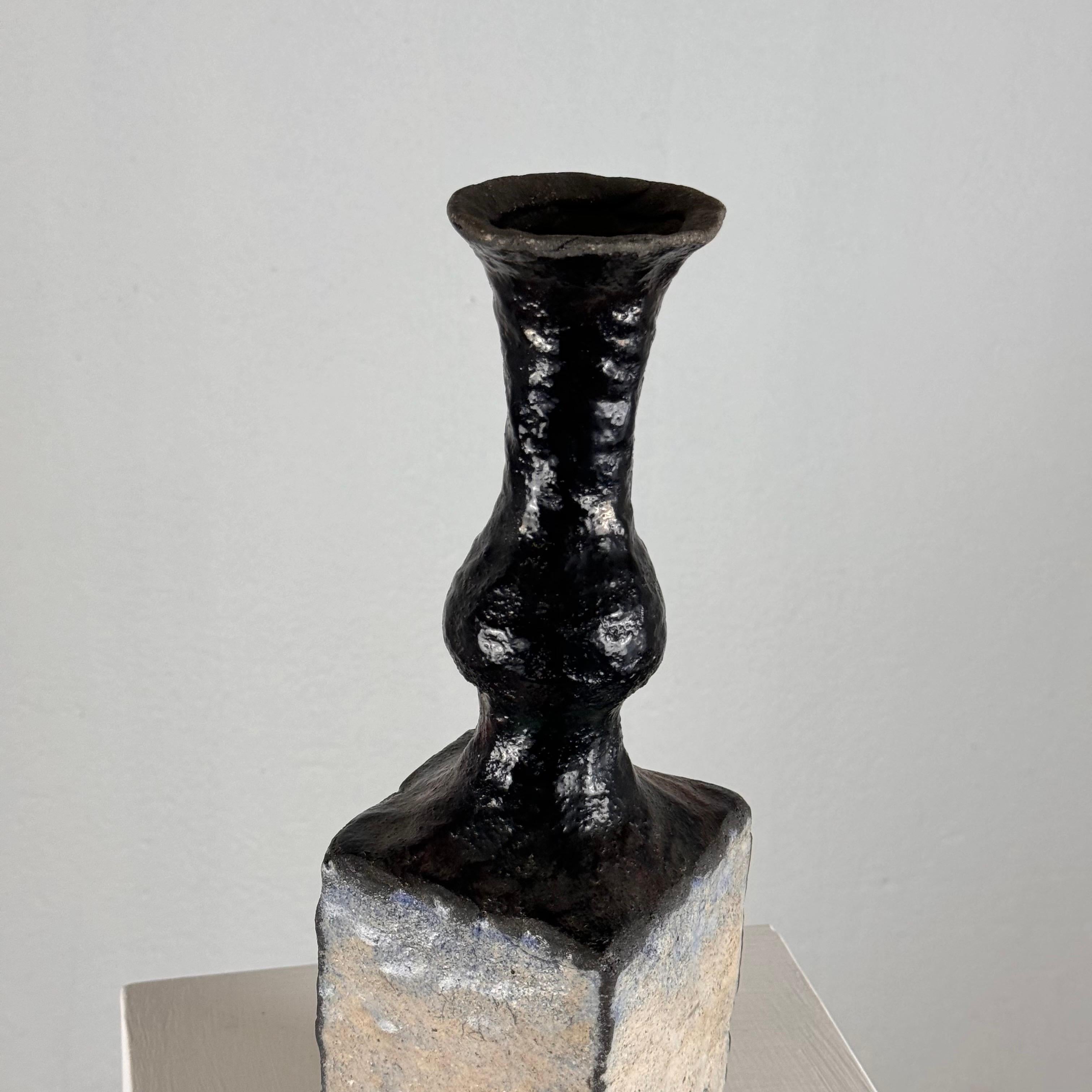 Hand-Crafted Brutalist Single-Stem Raku Ceramic Vase, 1970s, Italy For Sale
