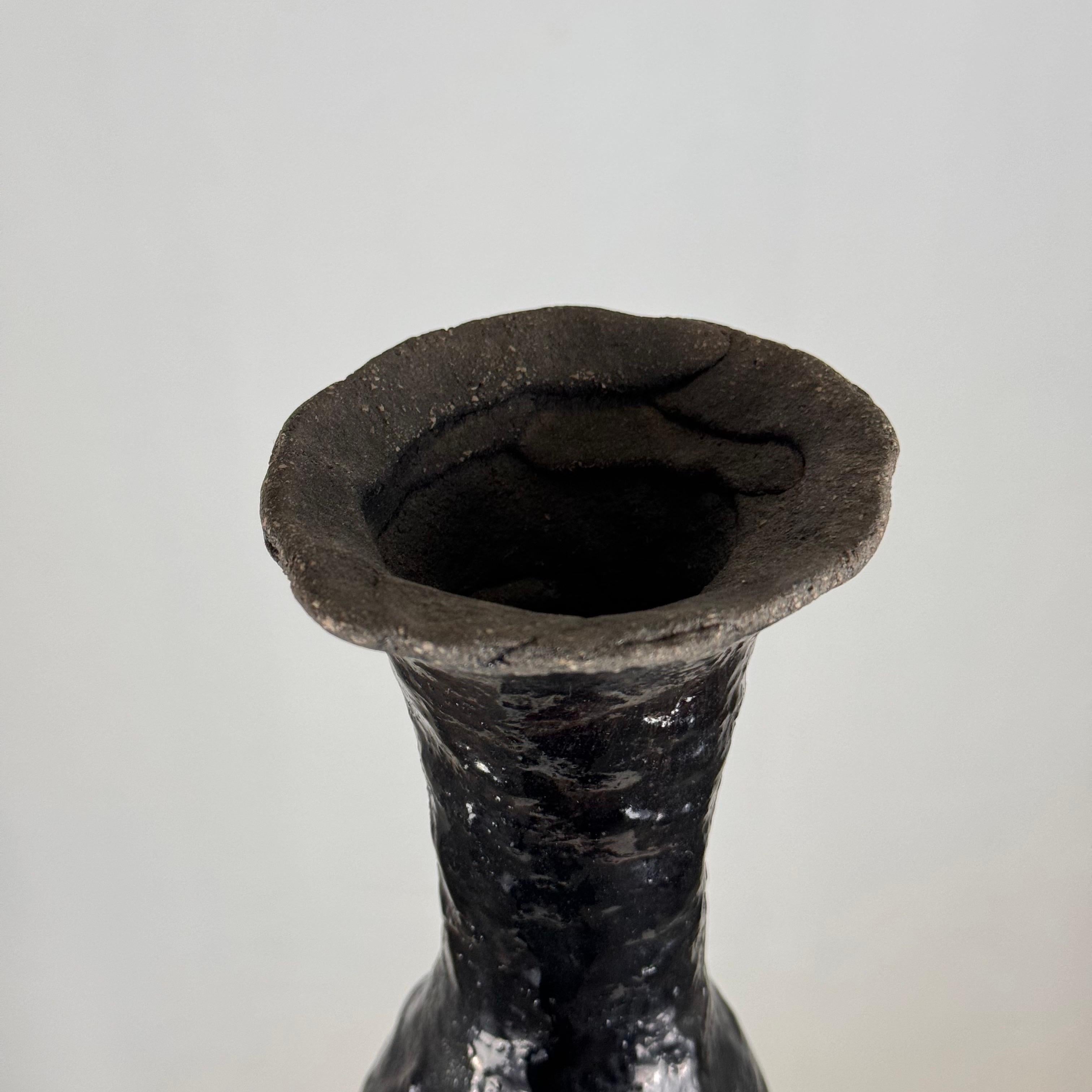 Brutalist Single-Stem Raku Ceramic Vase, 1970s, Italy For Sale 1