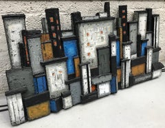 Brutalist Wall Relief Cityscape in Textured Wood, Signed, 1970s