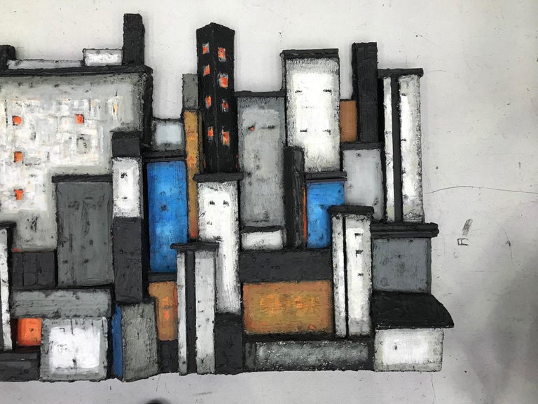Brutalist Cityscape Wall Mounted Art Relief in Wood by Dorrit Kahler In Excellent Condition For Sale In London, GB