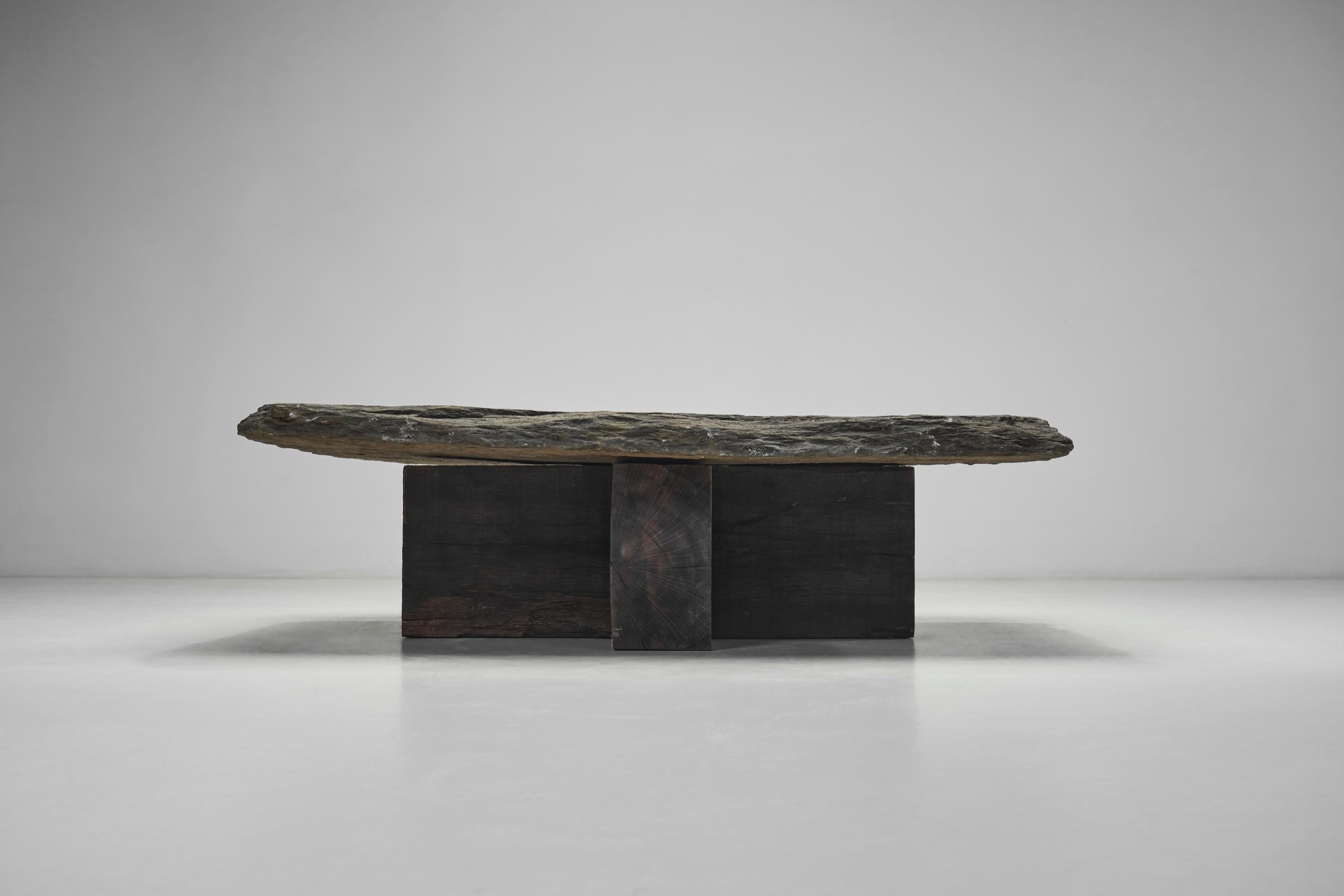 Brutalist Slate and Solid Oak Low Table, Spain 1960s 11