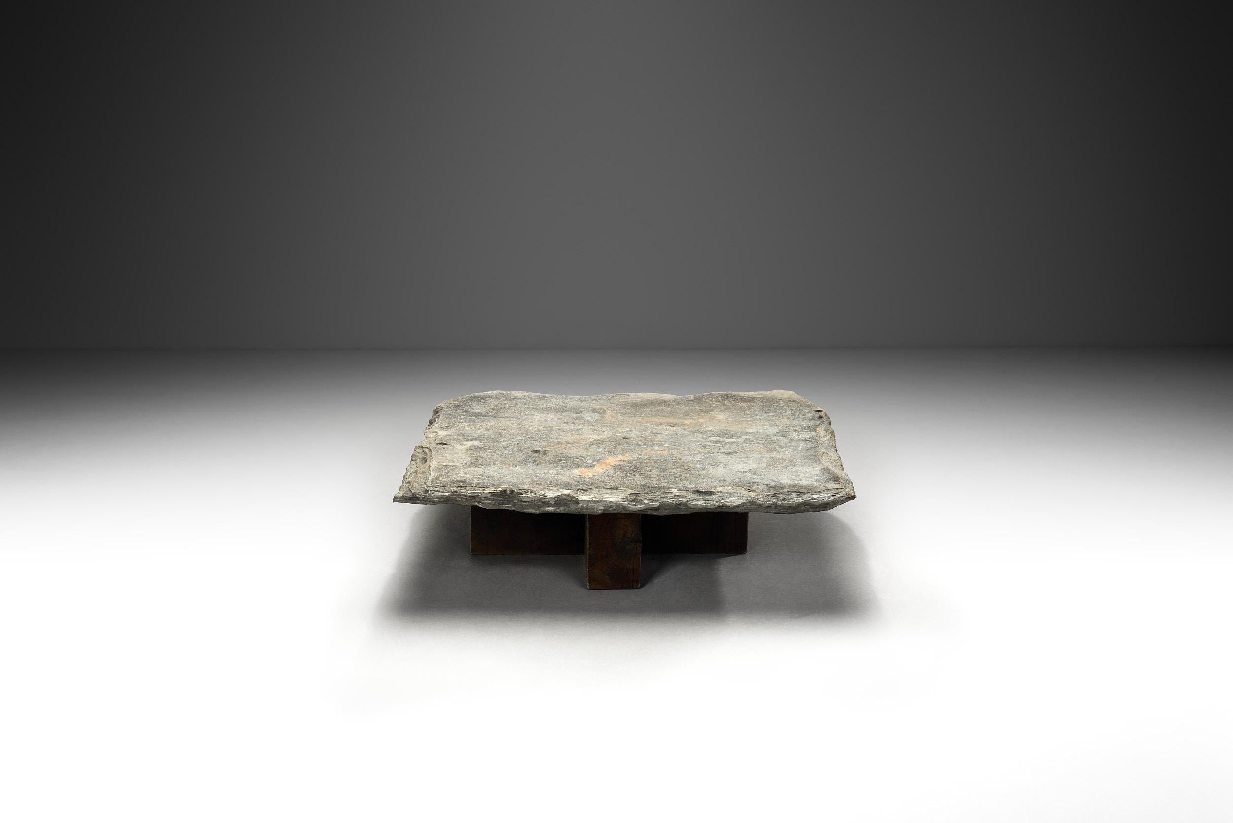Spanish Brutalist Slate and Solid Oak Low Table, Spain 1960s