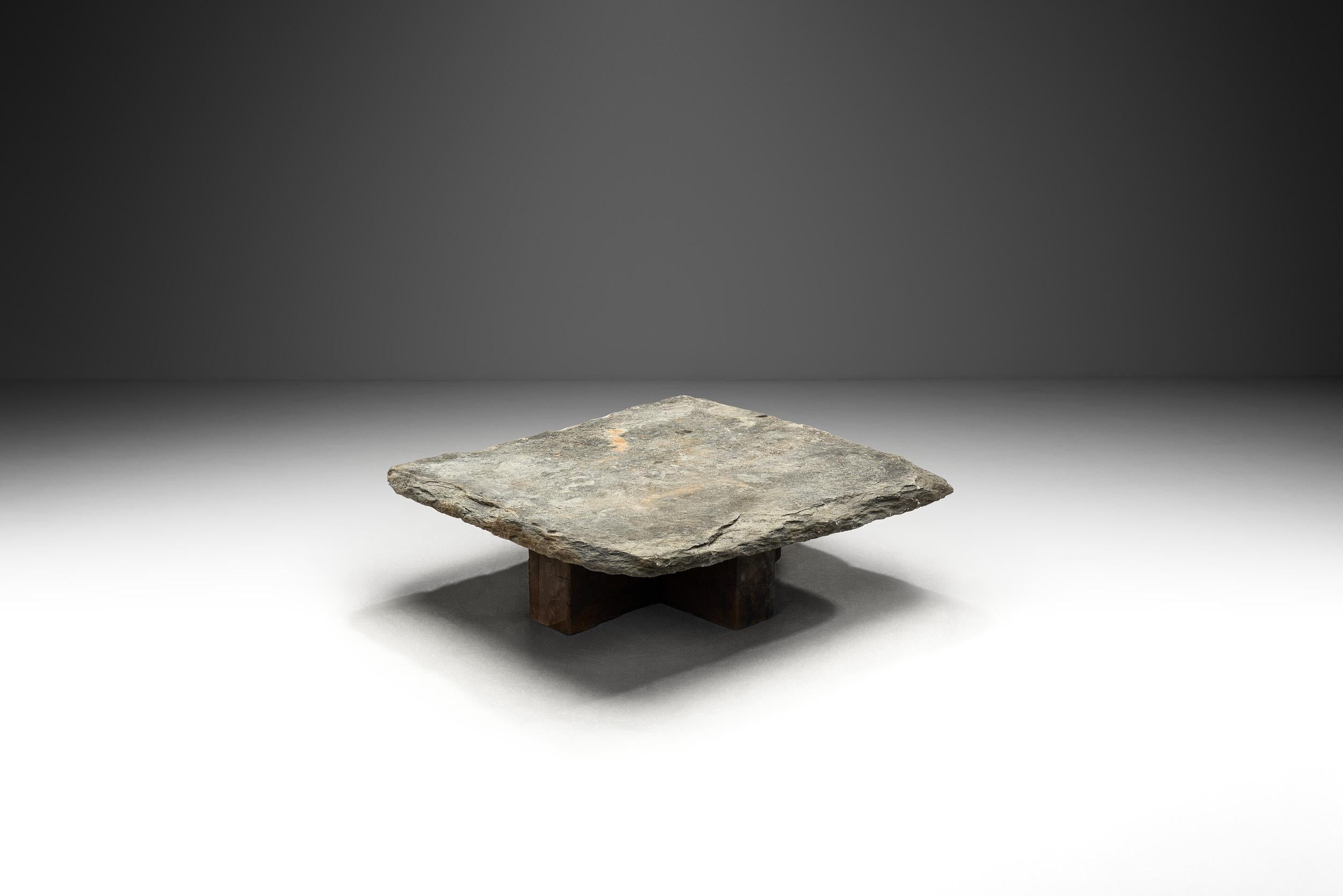 Brutalist Slate and Solid Oak Low Table, Spain 1960s In Good Condition In Utrecht, NL
