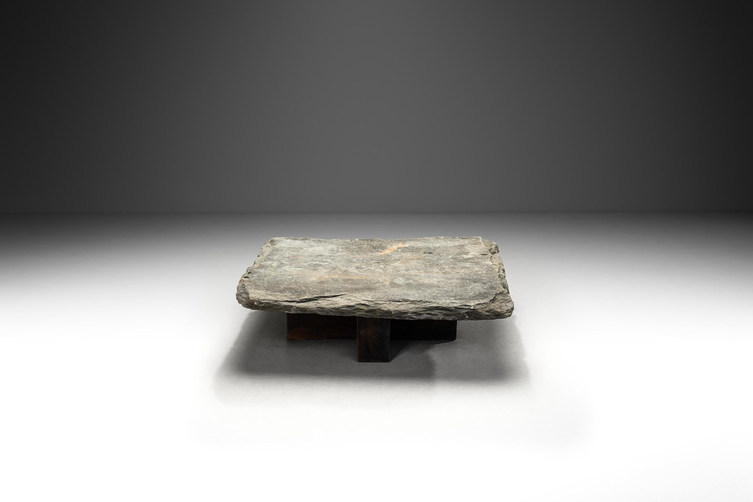 Mid-20th Century Brutalist Slate and Solid Oak Low Table, Spain 1960s