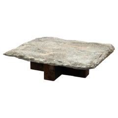 Brutalist Slate and Solid Oak Low Table, Spain 1960s