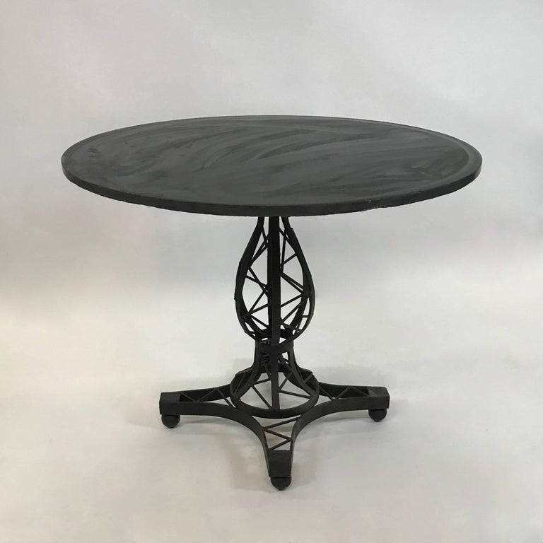 Brutalist Slate and Wrought Iron Round Café Dining Pedestal Table at