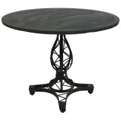 Brutalist Slate and Wrought Iron Round Café Dining Pedestal Table