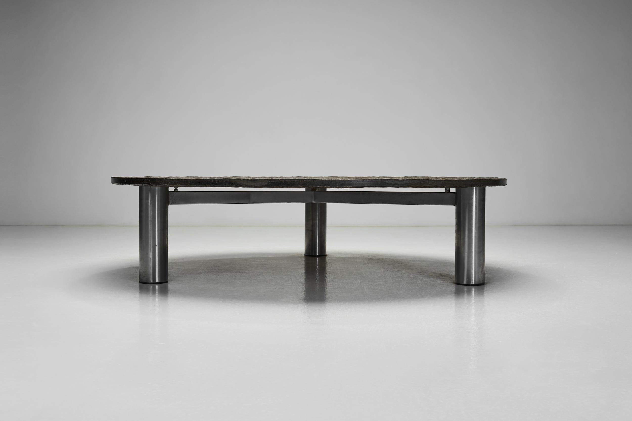Brutalist Slate Coffee Table with Steel Legs, Europe ca 1970s For Sale 7