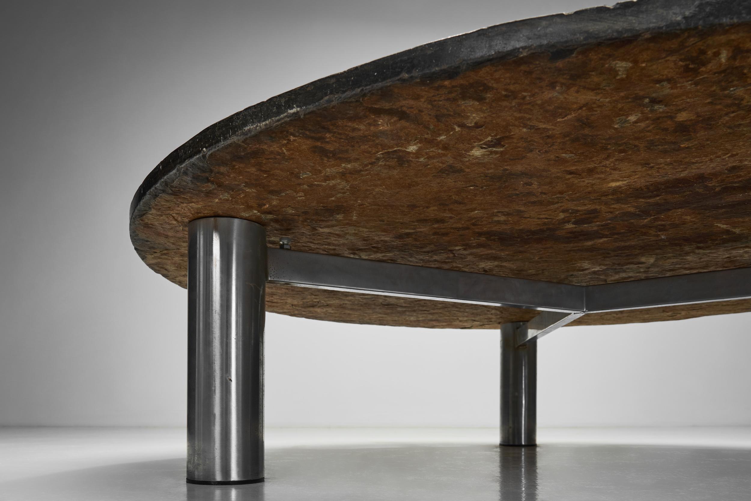 Brutalist Slate Coffee Table with Steel Legs, Europe ca 1970s For Sale 8