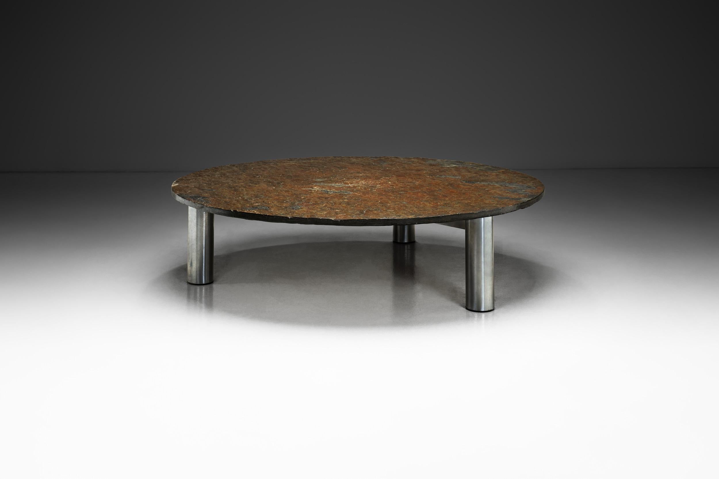 European Brutalist Slate Coffee Table with Steel Legs, Europe ca 1970s For Sale
