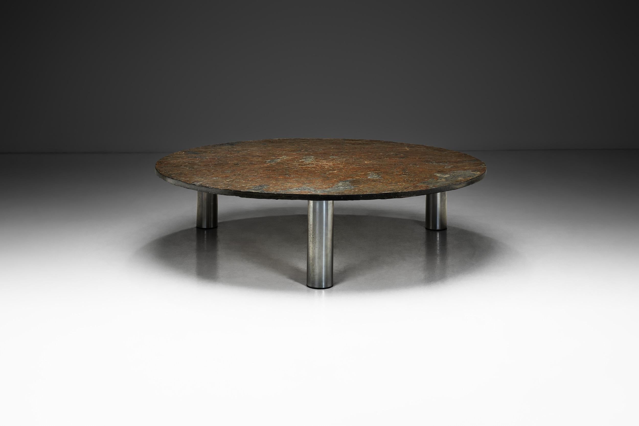 Brutalist Slate Coffee Table with Steel Legs, Europe ca 1970s In Good Condition For Sale In Utrecht, NL