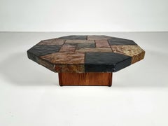 Brutalist slate stone and wood hexagonal coffee table, Belgium, 1970s