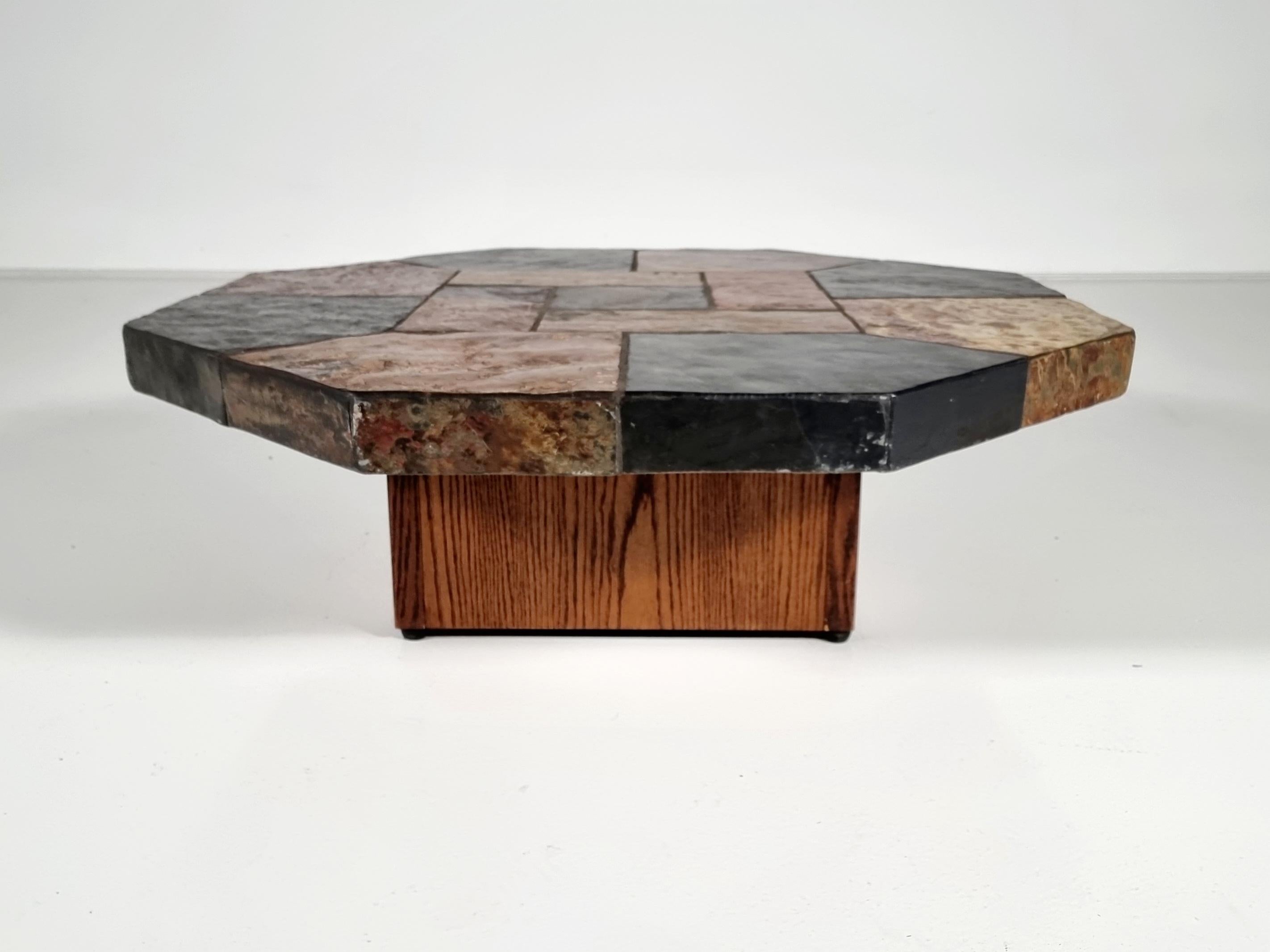 European Brutalist slate stone and wood hexagonal coffee table, Belgium, 1970s For Sale