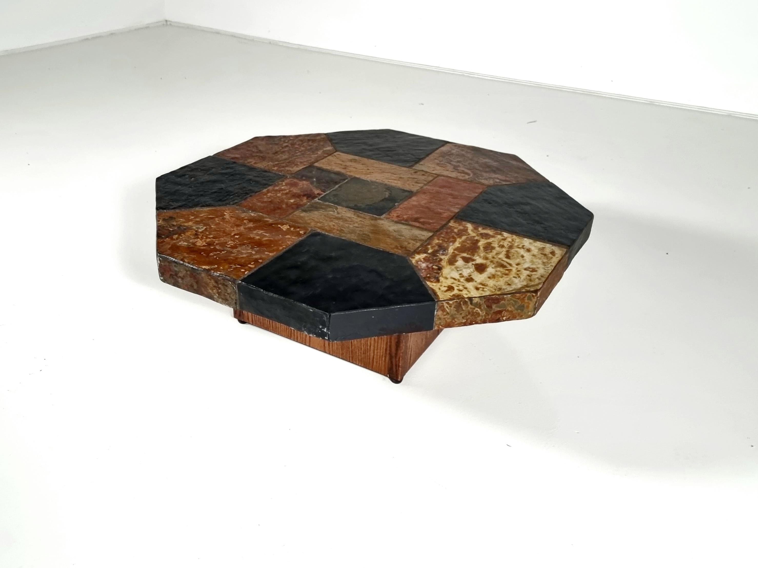 Late 20th Century Brutalist slate stone and wood hexagonal coffee table, Belgium, 1970s For Sale