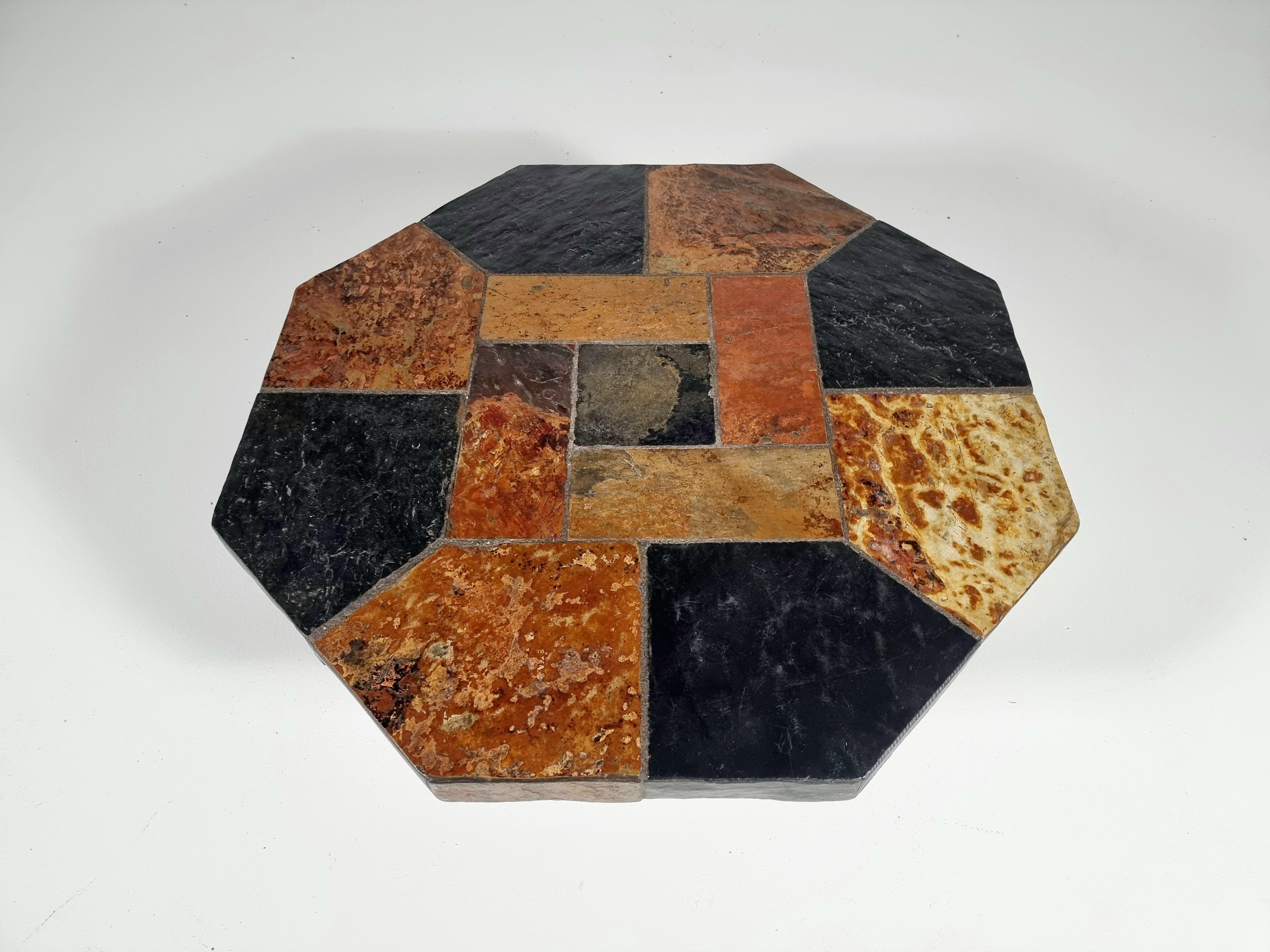 Stone Brutalist slate stone and wood hexagonal coffee table, Belgium, 1970s