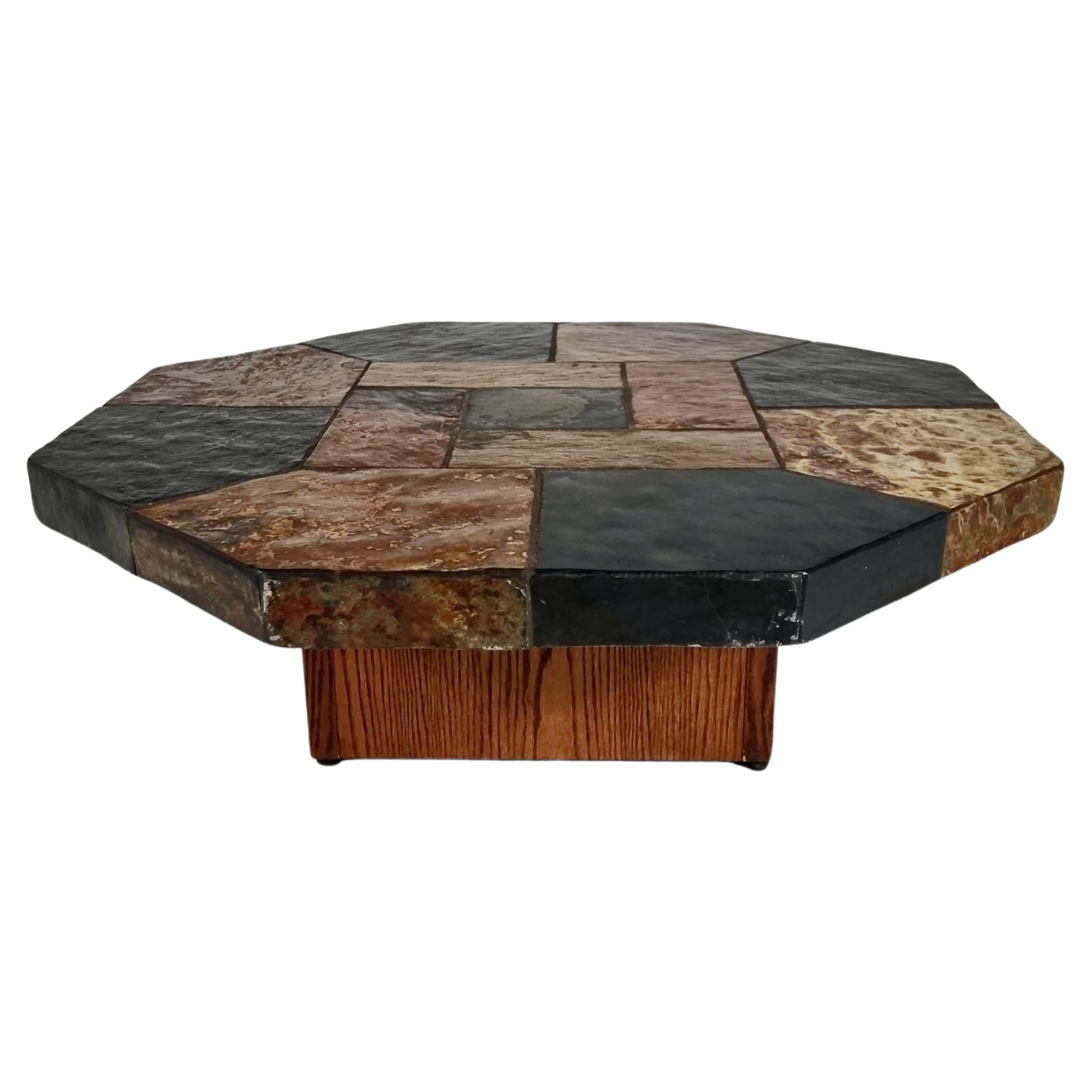 Brutalist slate stone and wood hexagonal coffee table, Belgium, 1970s For Sale