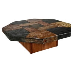Brutalist slate stone and wood hexagonal coffee table, Belgium, 1970s