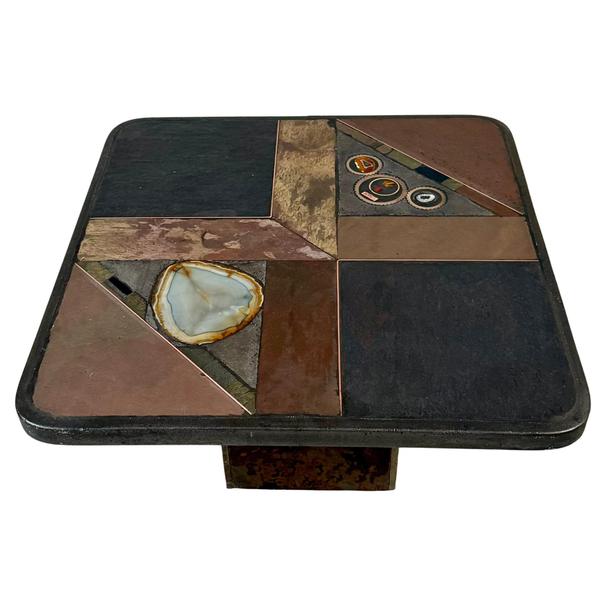 Brutalist Slate Stone Brass Coffee Table by Studio Stam 1980