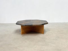 Brutalist slate stone coffee table with oak base