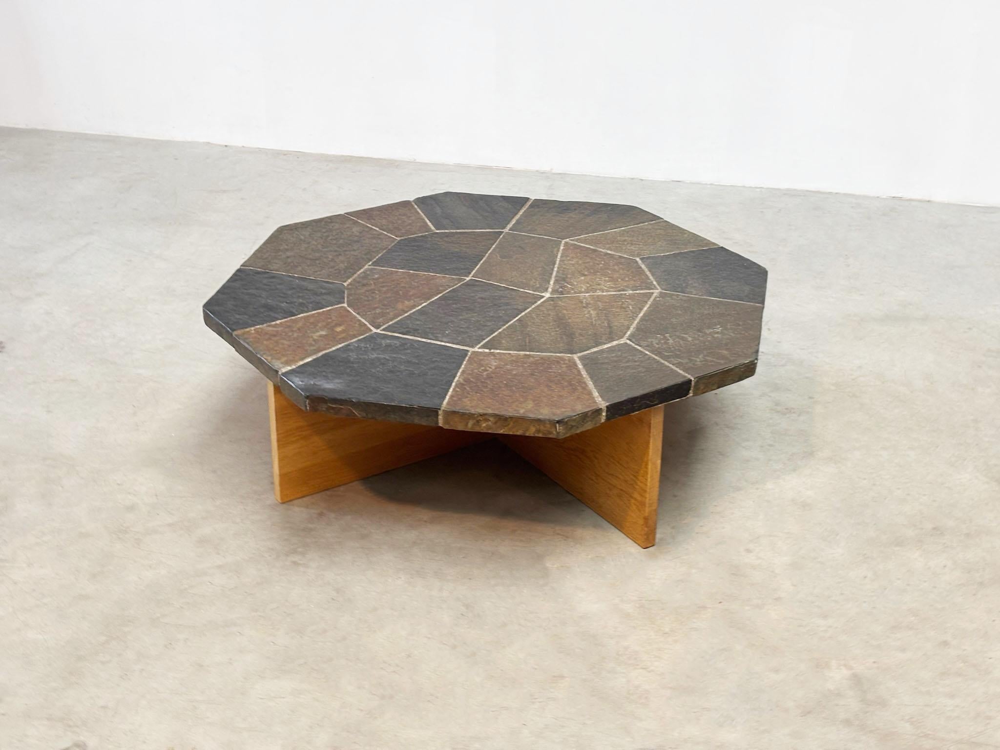German Brutalist slate stone coffee table with oak base For Sale