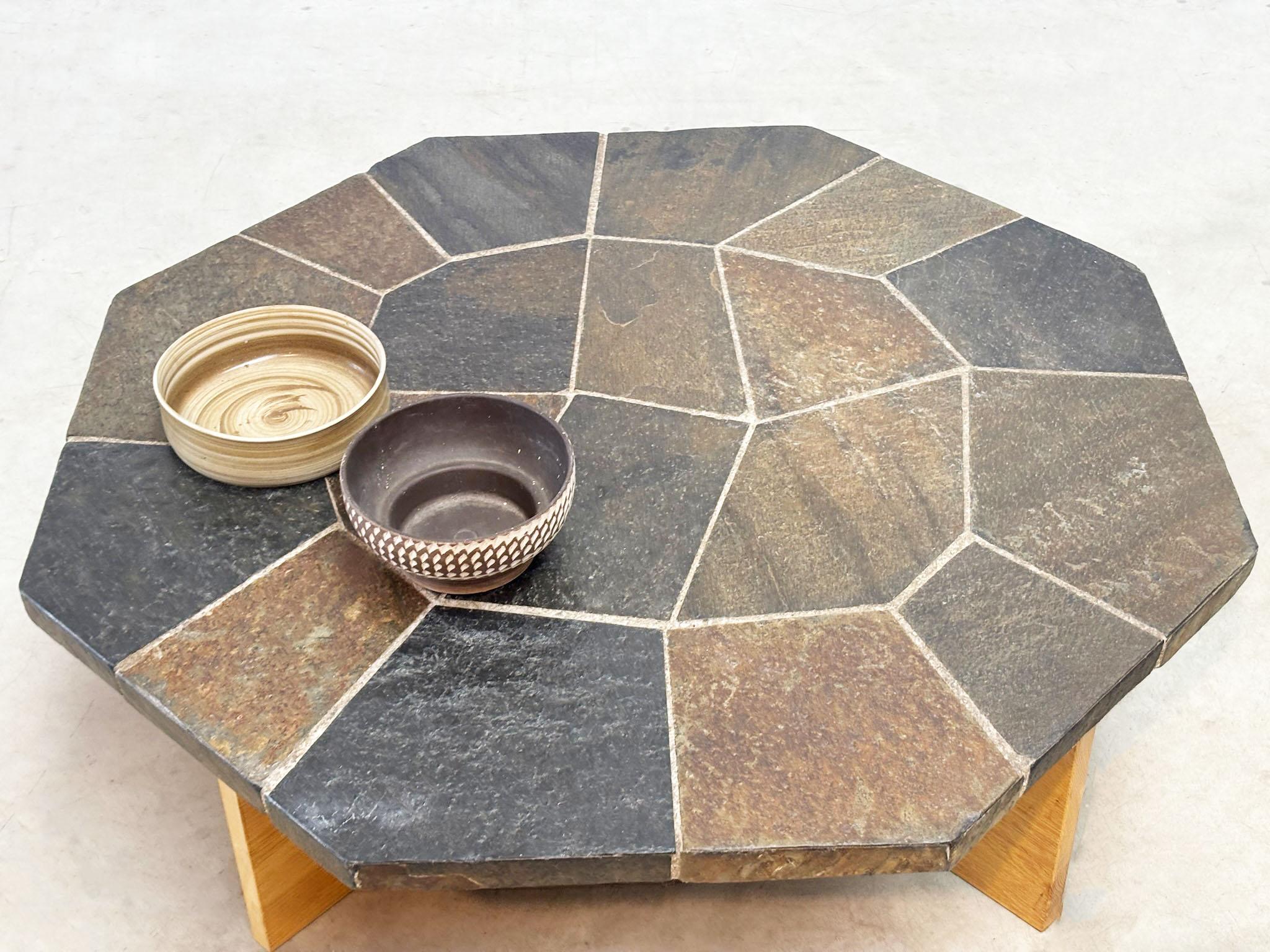 Late 20th Century Brutalist slate stone coffee table with oak base For Sale