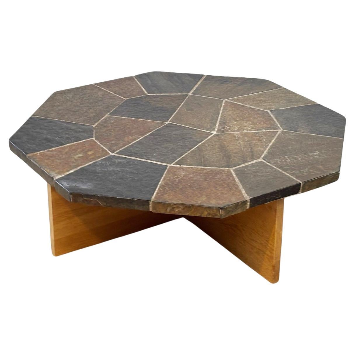 Brutalist slate stone coffee table with oak base For Sale