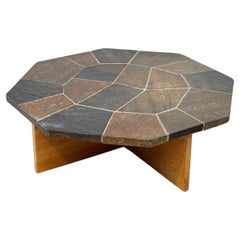 Brutalist slate stone coffee table with oak base