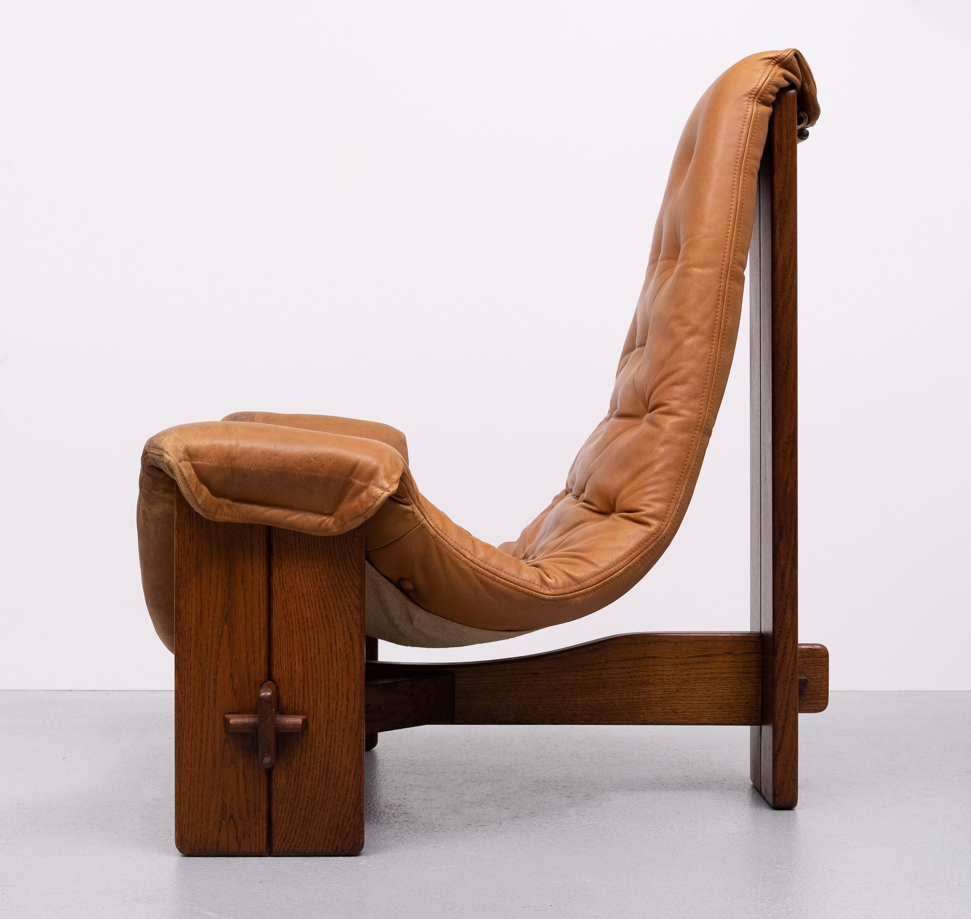 Oak  Brutalist Sling Lounge Chair in Full Original Condition 1960s Brazil  For Sale