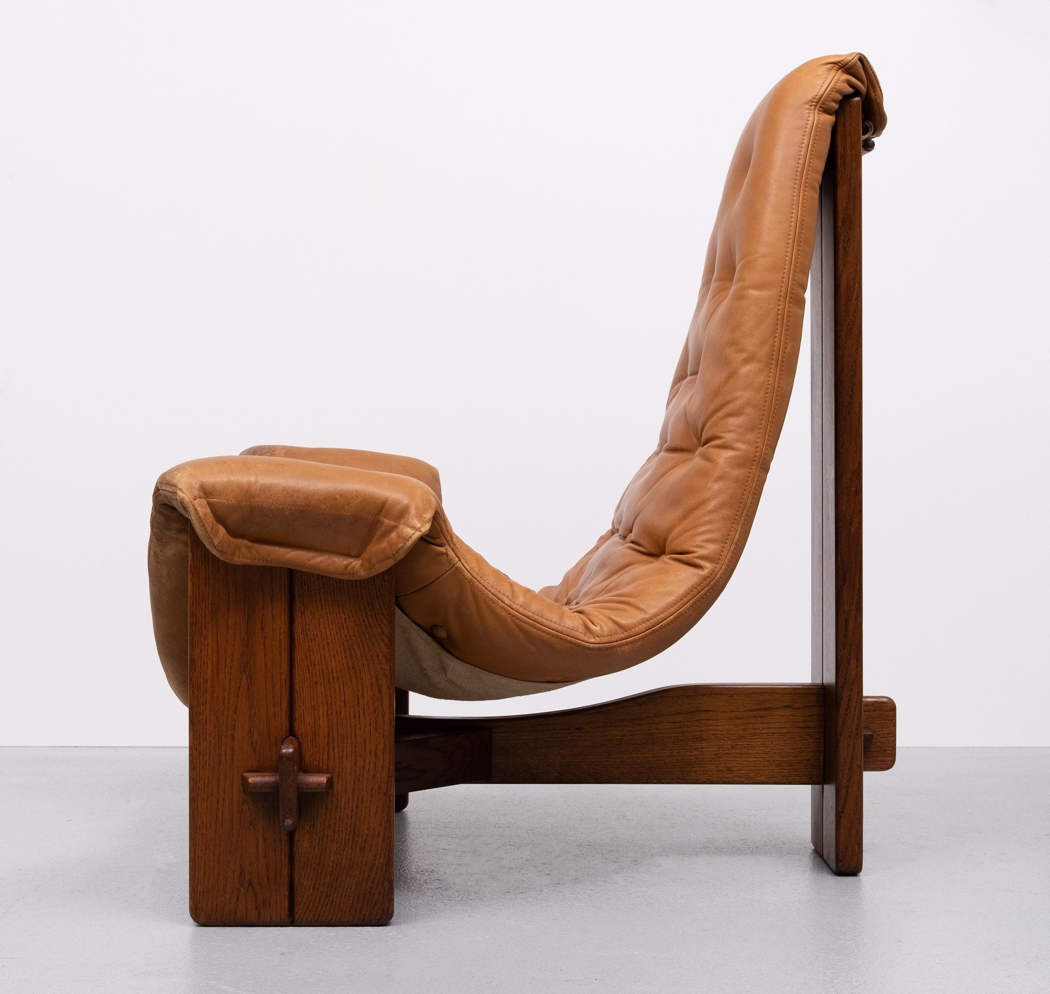 Oak Brutalist Sling Lounge Chair in Full Original Condition 1960s Brazil