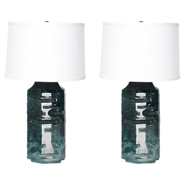 Brutalist Smoked Aquamarine Crystal Argos Table Lamps by Baldiccini